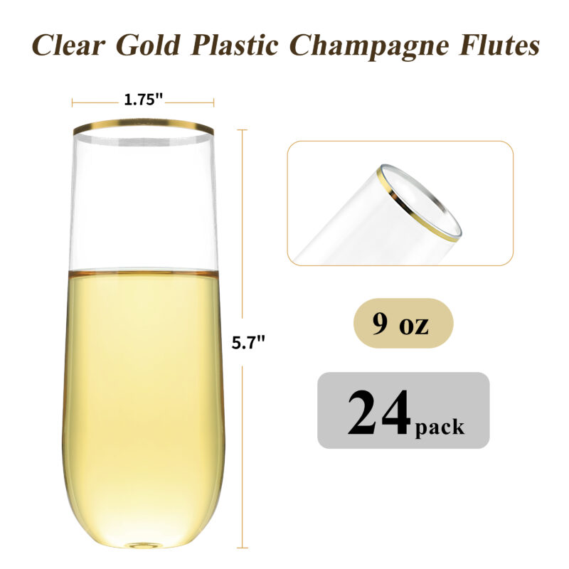 9oz Clear Gold Round Plastic Champagne Flutes 1