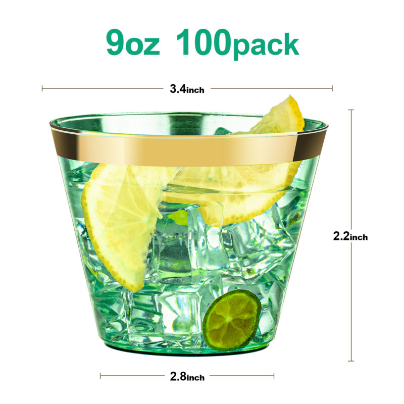 9oz Green Plastic Cups with Gold Rim 1