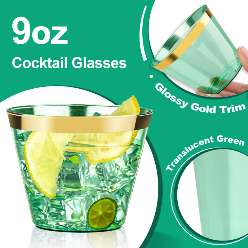 9oz Green Plastic Cups with Gold Rim 2