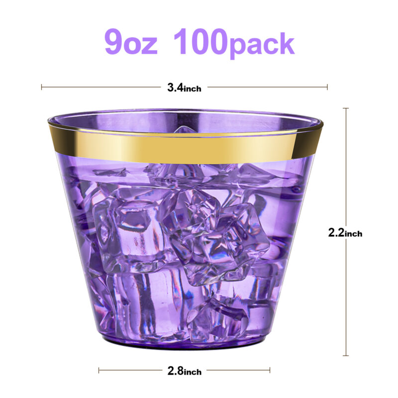9oz Purple Plastic Cups with Gold Rim 1