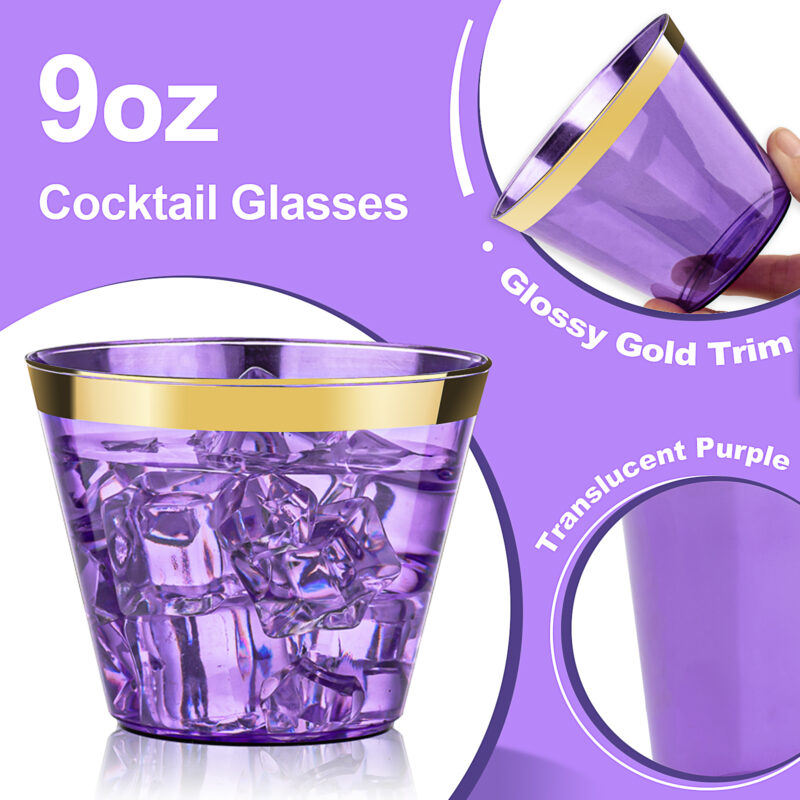 9oz Purple Plastic Cups with Gold Rim 2