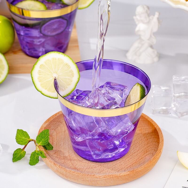9oz Purple Plastic Cups with Gold Rim 3