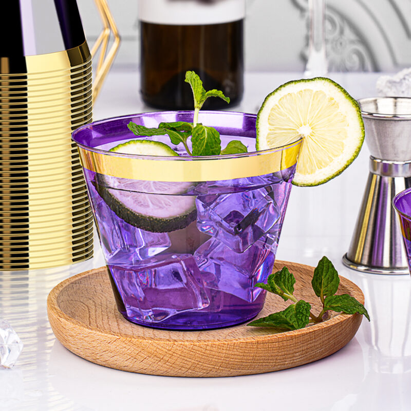 9oz Purple Plastic Cups with Gold Rim 4