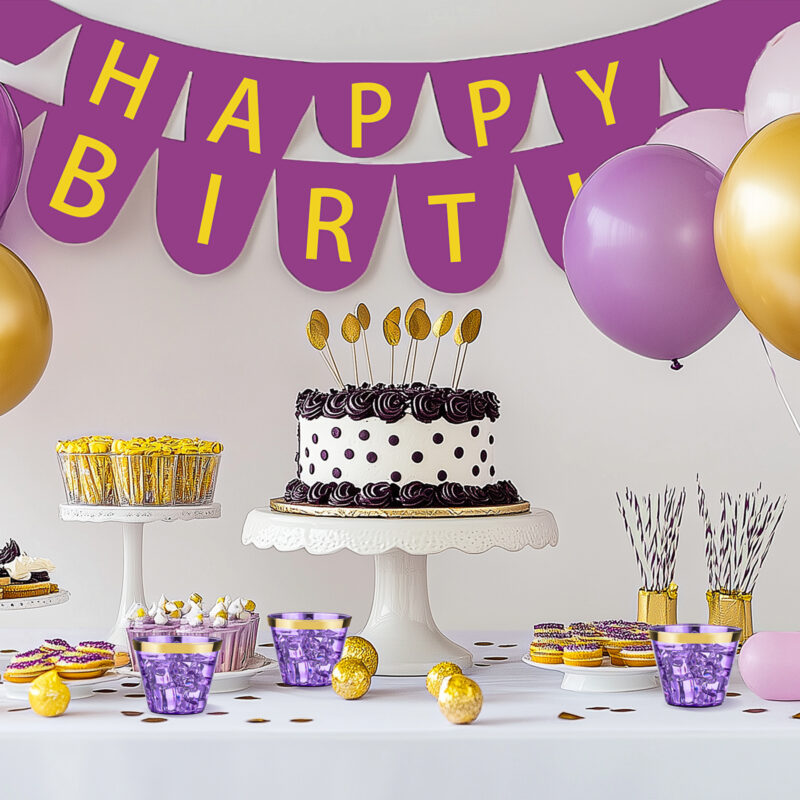 9oz Purple Plastic Cups with Gold Rim 6