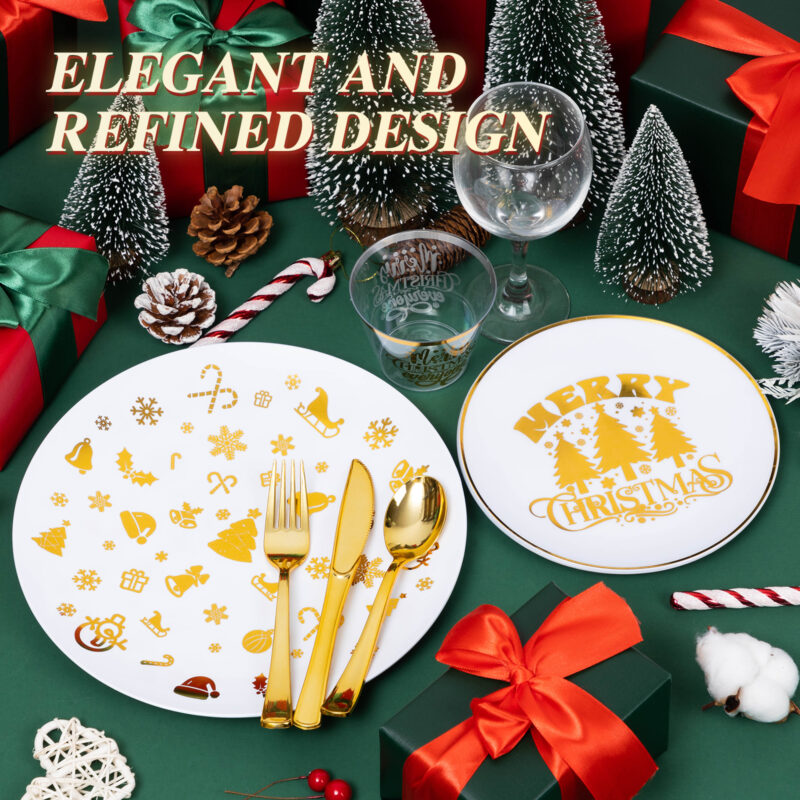 Christmas Disposable Gold Plastic Dinnerware Sets2