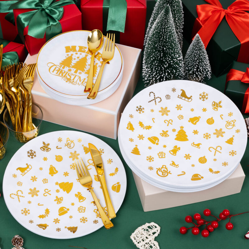 Christmas Disposable Gold Plastic Dinnerware Sets3