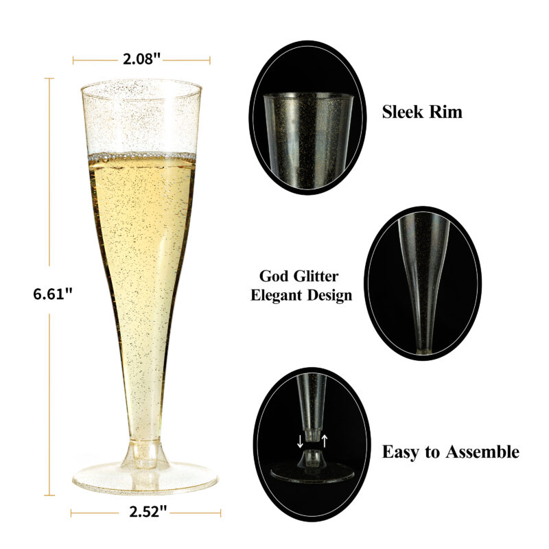 Gold Glitter Plastic Champagne Flutes 1