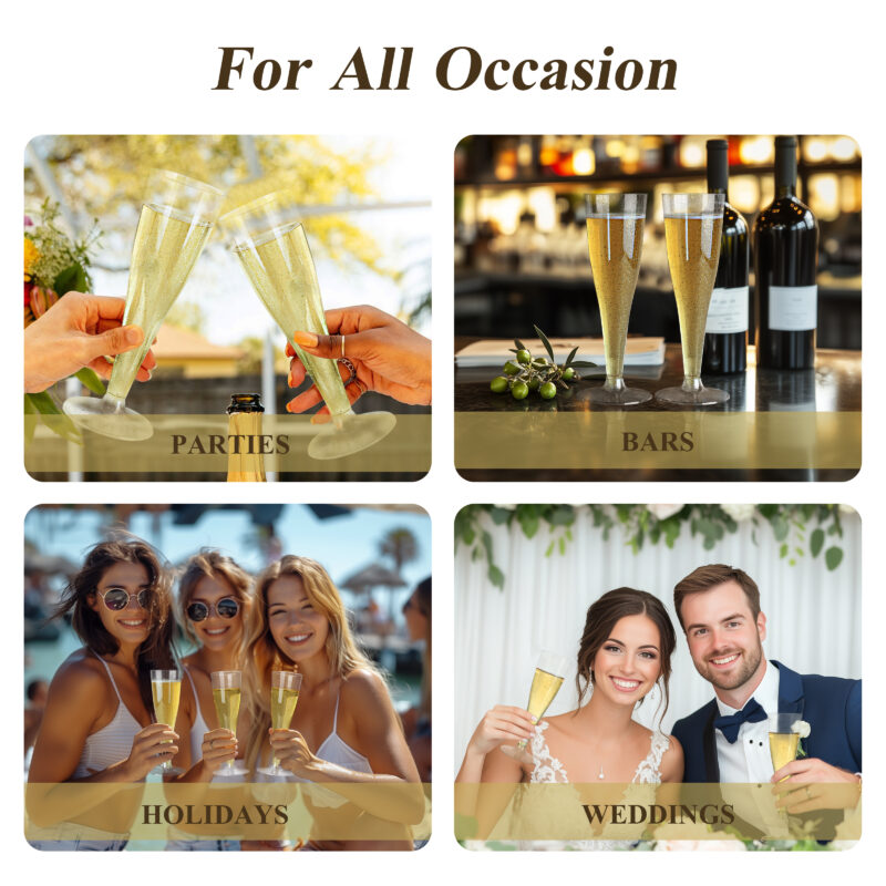 Gold Glitter Plastic Champagne Flutes 6