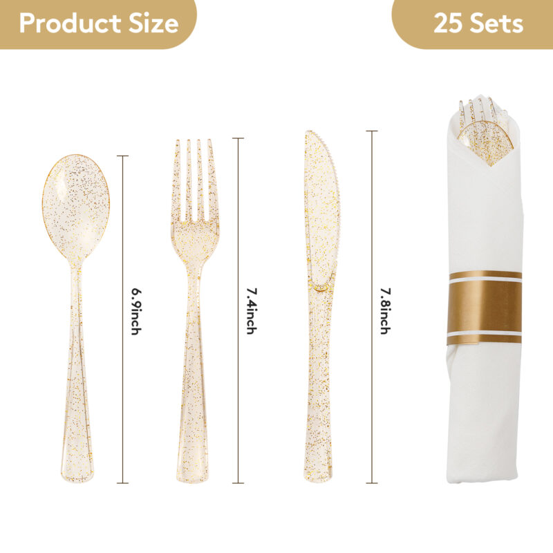 Gold Glitter Rolled Plastic Cutlery Sets1