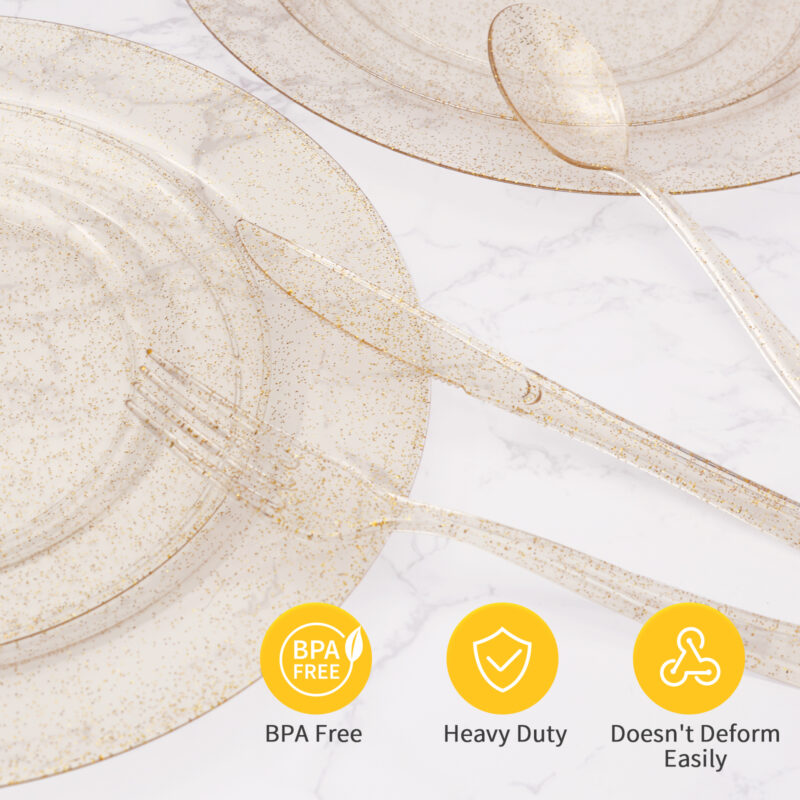 Gold Glitter Rolled Plastic Cutlery Sets2