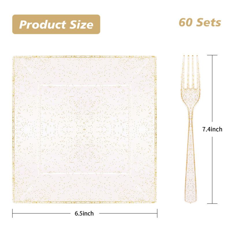 Gold Glitter Square Plastic Plates with Forks 1