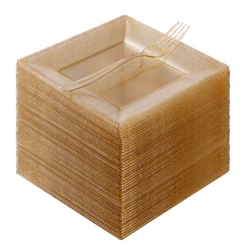 6.5" Gold Glitter Square Dessert Plates with 7.4" Forks