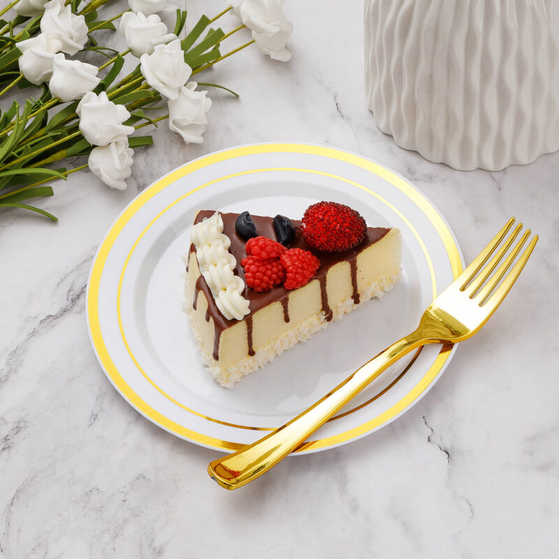 7" Gold Round Dessert Plates with 7.4" Forks - Image 6