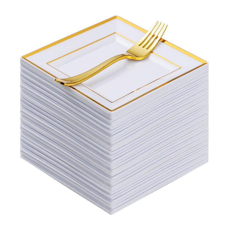 Gold Square Plastic Plates with Forks