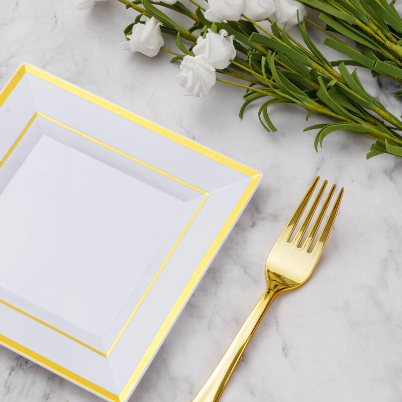 Gold Square Plastic Plates with Forks 2