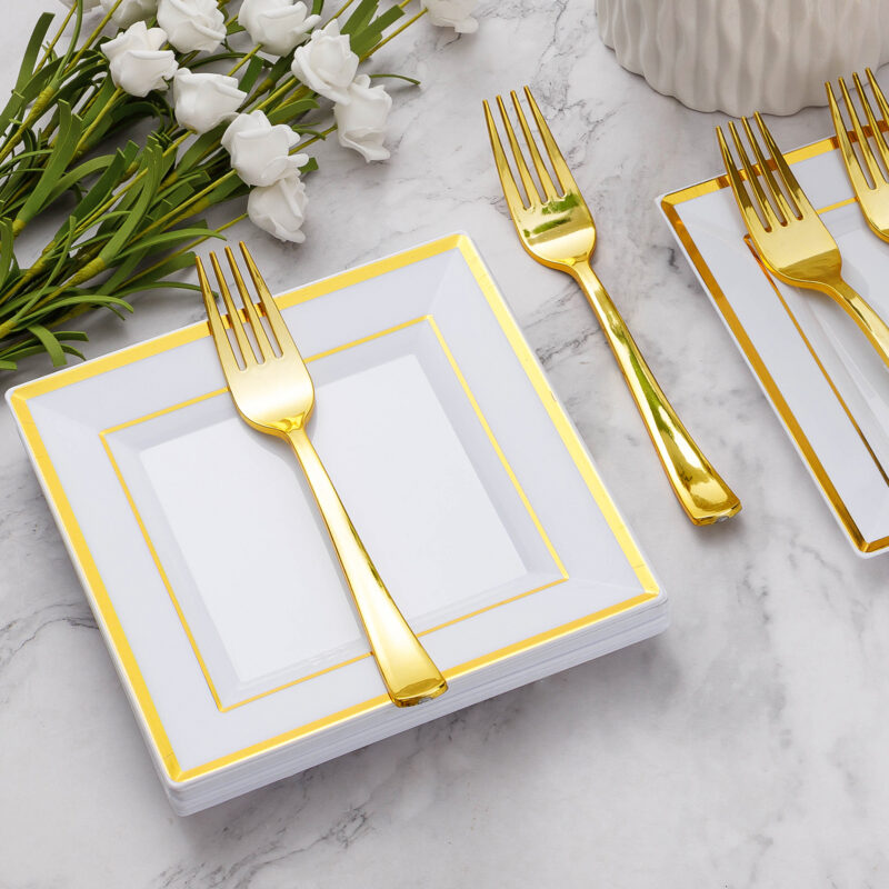 Gold Square Plastic Plates with Forks 3