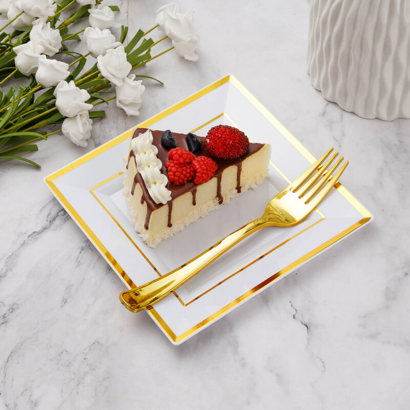 Gold Square Plastic Plates with Forks 5