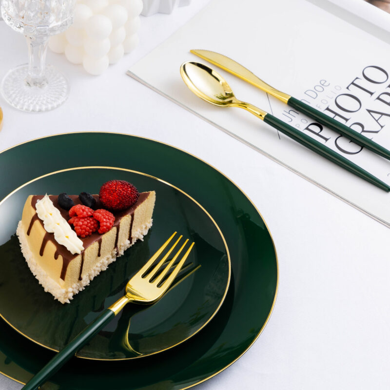 Gold with Green Handle Plastic Cutlery Sets 5