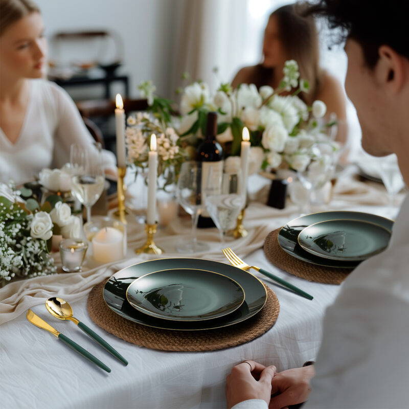 Gold with Green Handle Plastic Cutlery Sets 6