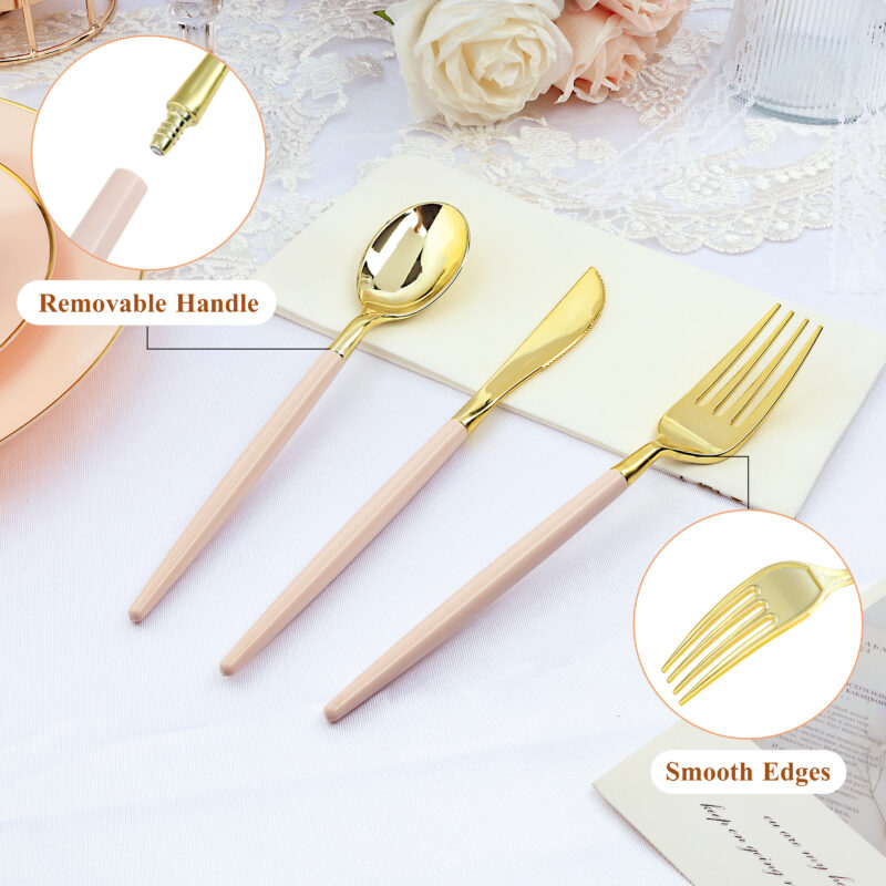 Gold with Pink Handle Plastic Cutlery Sets 2