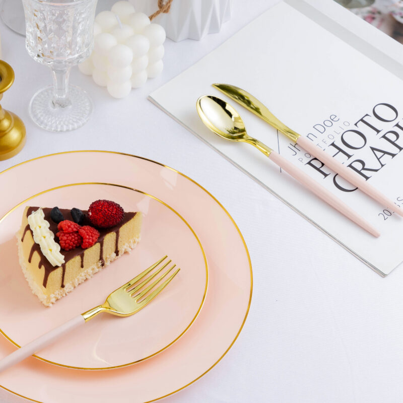 Gold with Pink Handle Plastic Cutlery Sets 5