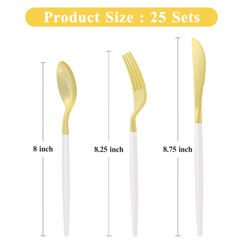 Gold with White Handle Plastic Cutlery Sets 1