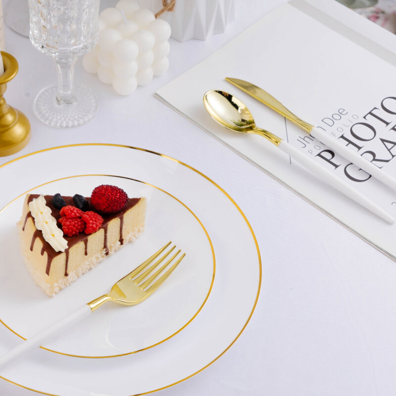 Gold with White Handle Plastic Cutlery Sets 5