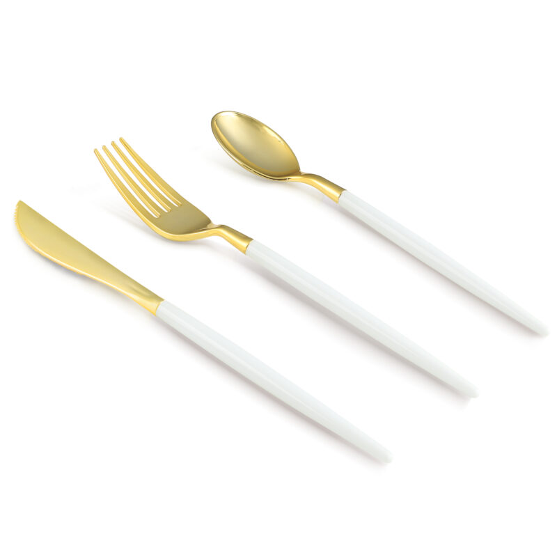 Gold with White Handle Plastic Cutlery Sets