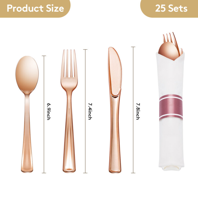 Rose Gold Rolled Plastic Cutlery Sets 1
