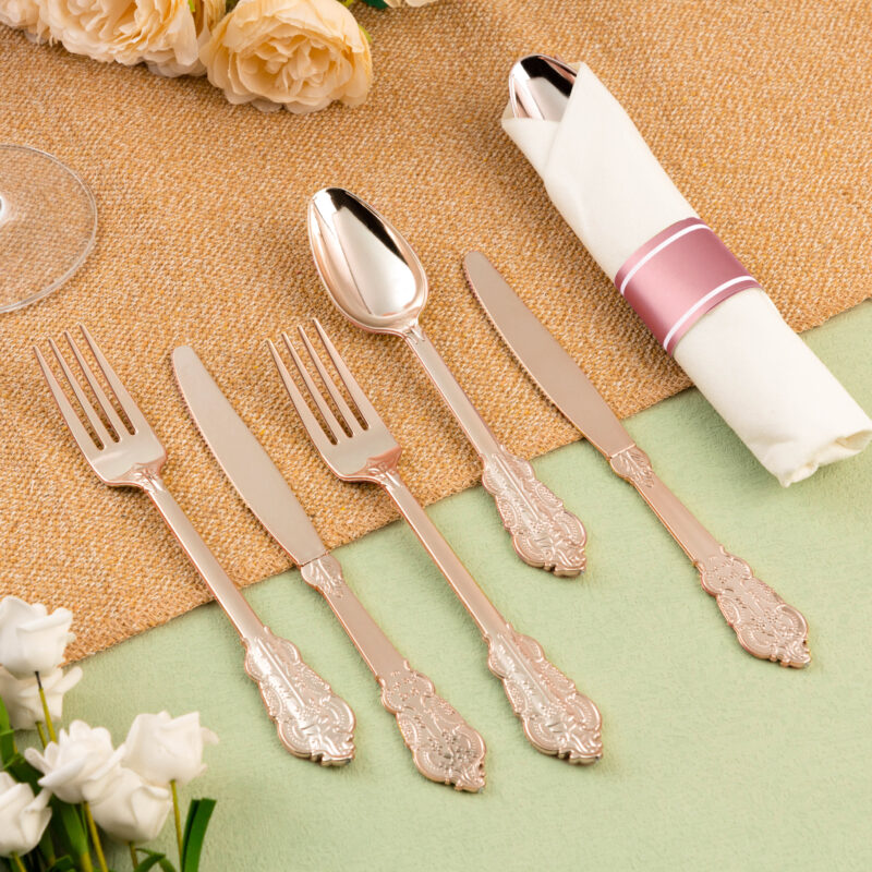 Rose Gold Rolled Retro Plastic Cutlery Sets 4