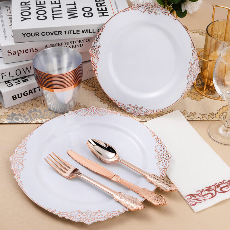 White Rose Gold Retro Plastic Dinnerware Sets 4
