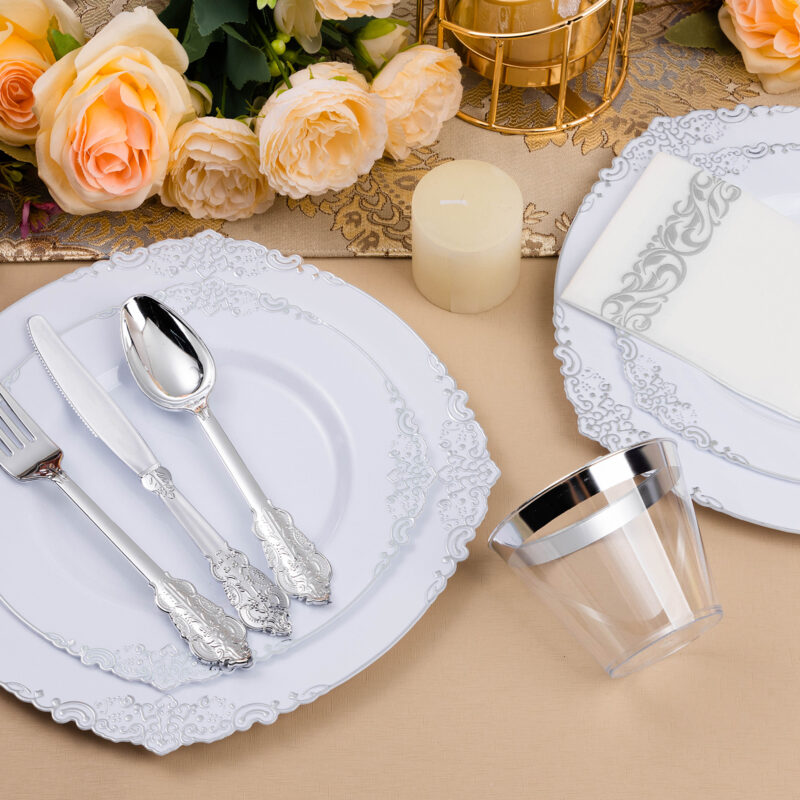 White Silver Retro Plastic Dinnerware Sets 2