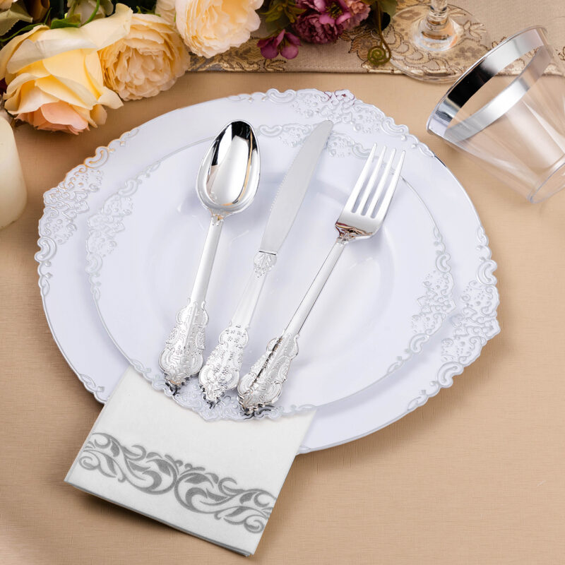 White Silver Retro Plastic Dinnerware Sets 3