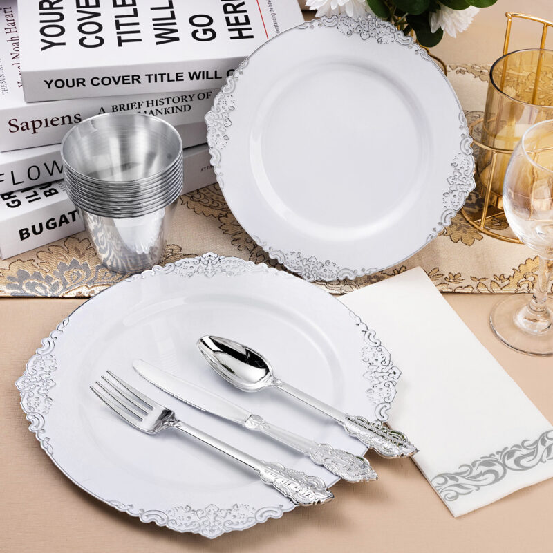 White Silver Retro Plastic Dinnerware Sets 4