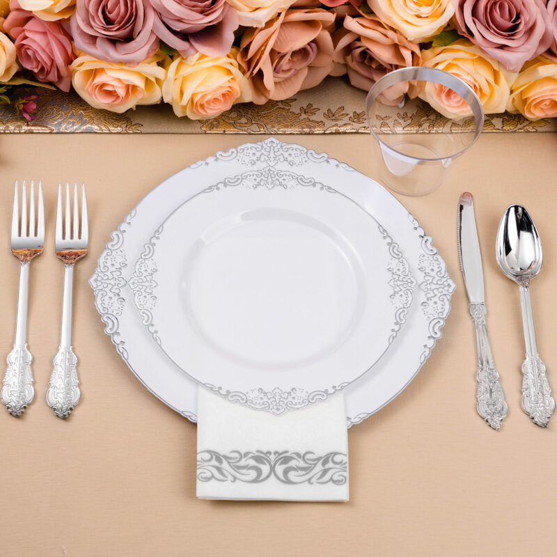 White Silver Retro Plastic Dinnerware Sets 5