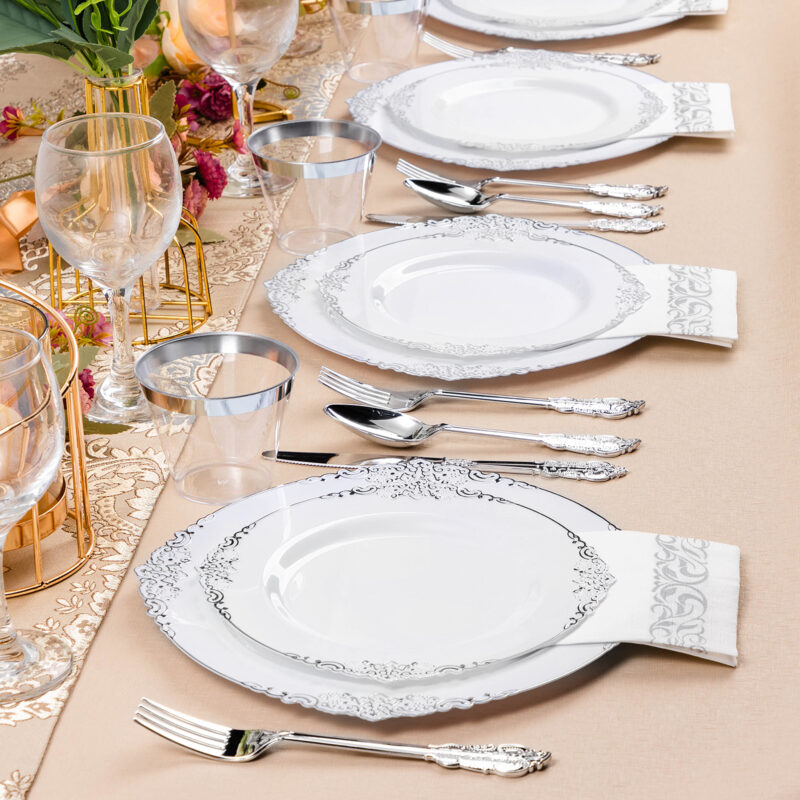 White Silver Retro Plastic Dinnerware Sets 6