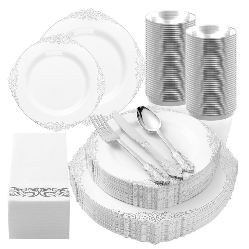 White Silver Retro Plastic Dinnerware Sets