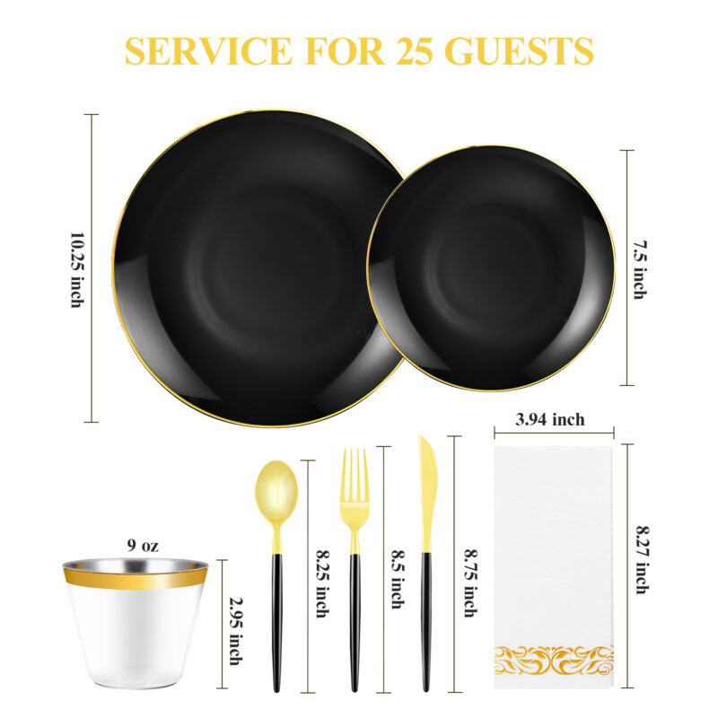 10.25”&7.5 Black with Gold Rim Dinnerware Sets 1