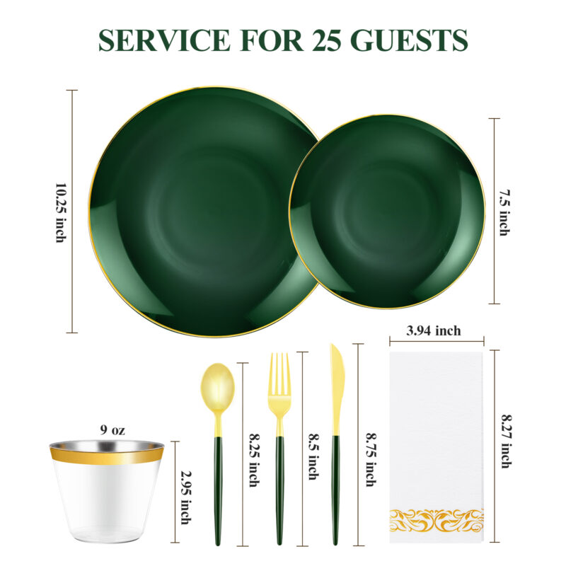 10.25”&7.5 Green with Gold Rim Dinnerware Sets 1