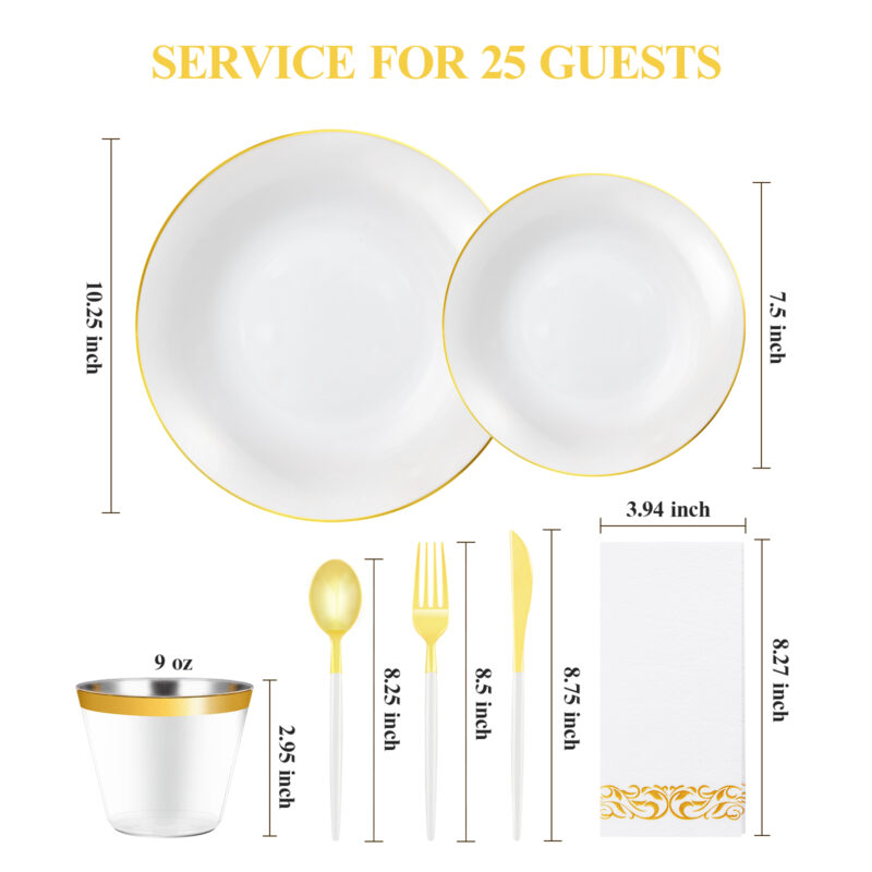 10.25”&7.5 White with Gold Rim Dinnerware Sets 1